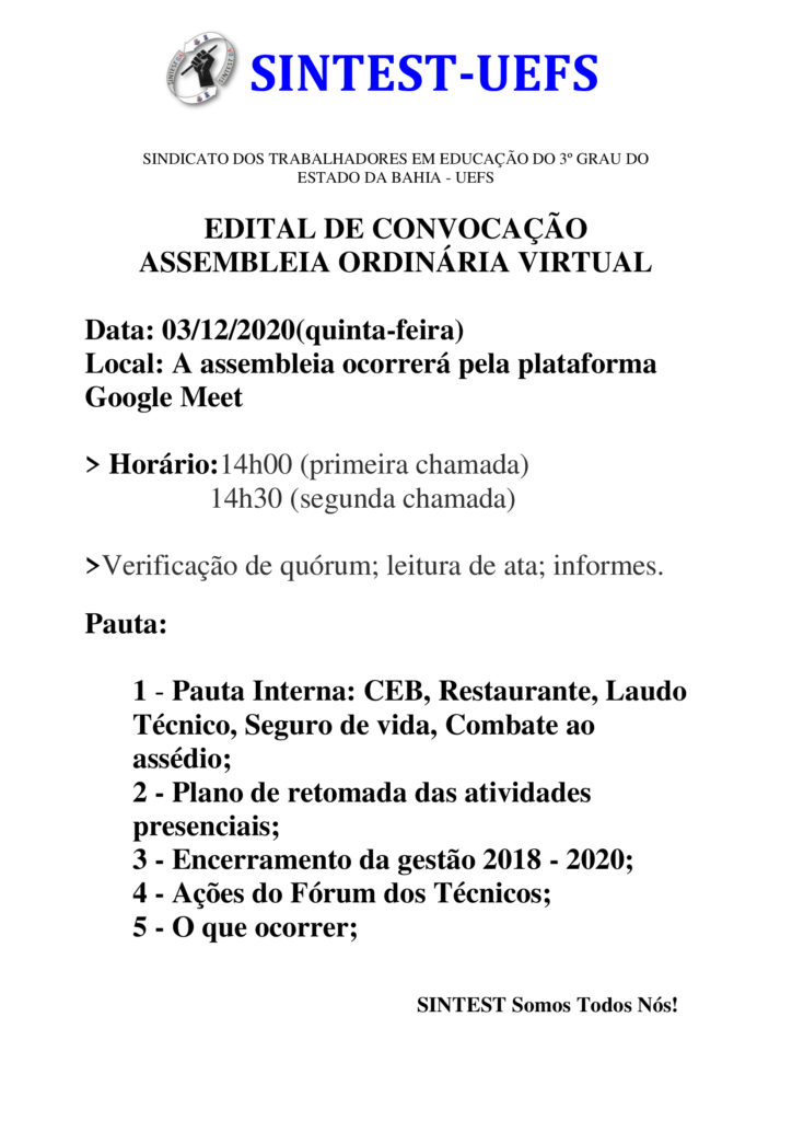 SINTEST-BA/UEFS CONVOCA CATEGORIA PARA ASSEMBLEIA ORDINÁRIA VIRTUAL NESTA QUINTA-FEIRA (03/12)