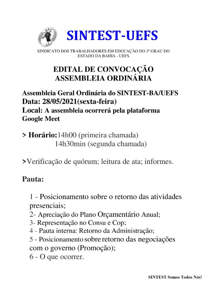 SINTEST-BA/UEFS CONVOCA CATEGORIA PARA ASSEMBLEIA ORDINÁRIA VIRTUAL NESTA SEXTA-FEIRA (28/05)