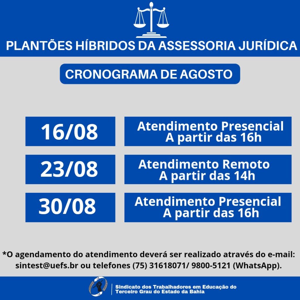 Plantões Híbridos da assessoria jurídica do SINTEST-BA – Cronograma de agosto