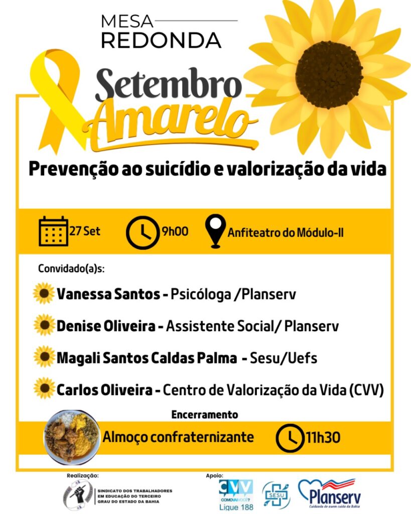 Sintest-BA encerra campanha do Setembro Amarelo com mesa redonda nesta terça-feira (27). Participe!