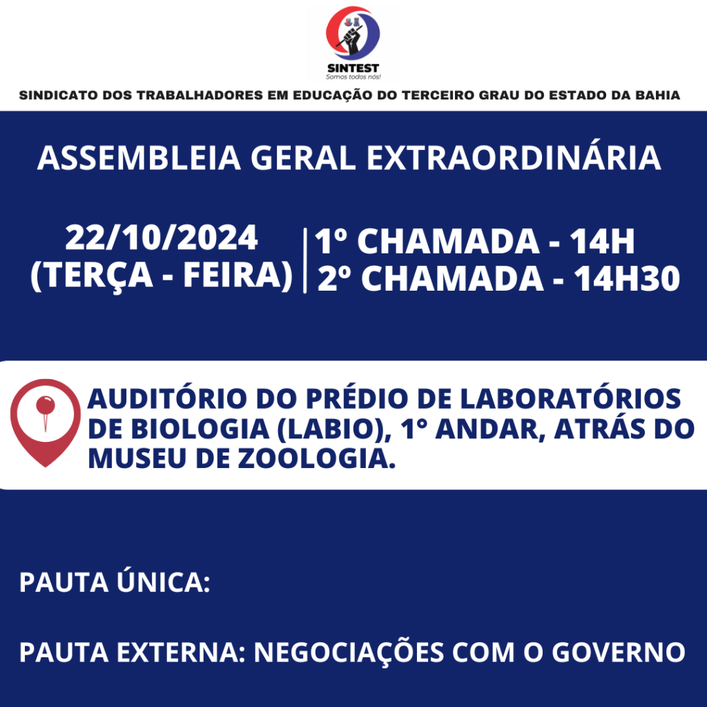 SINTEST/BA convoca categoria para assembleia geral extraordinária dia 22/10 (terça-feira)