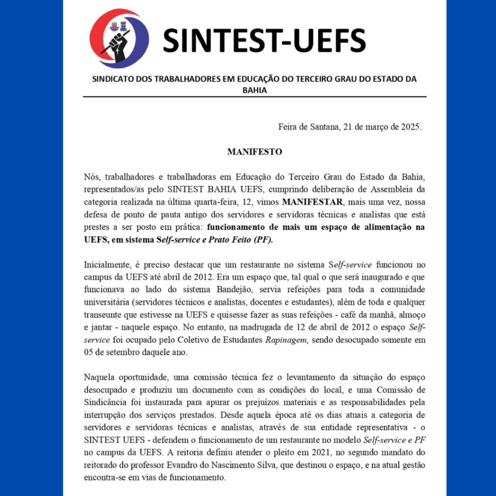 Manifesto da categoria é enviado para Administração da Uefs