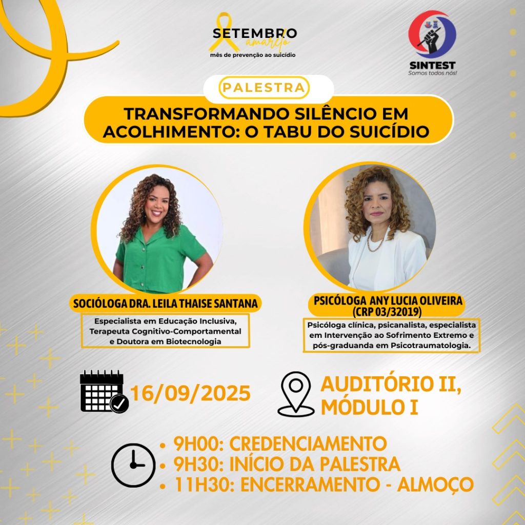 Setembro Amarelo: Sintest promove palestra sobre acolhimento e prevenção ao suicídio. Participe